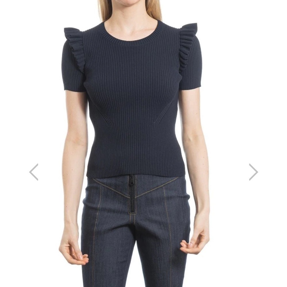 CINQ A SEPT Shirt SHORT SLEEVE SLOANE TOP Ribbed Knit Navy Blue Sz M